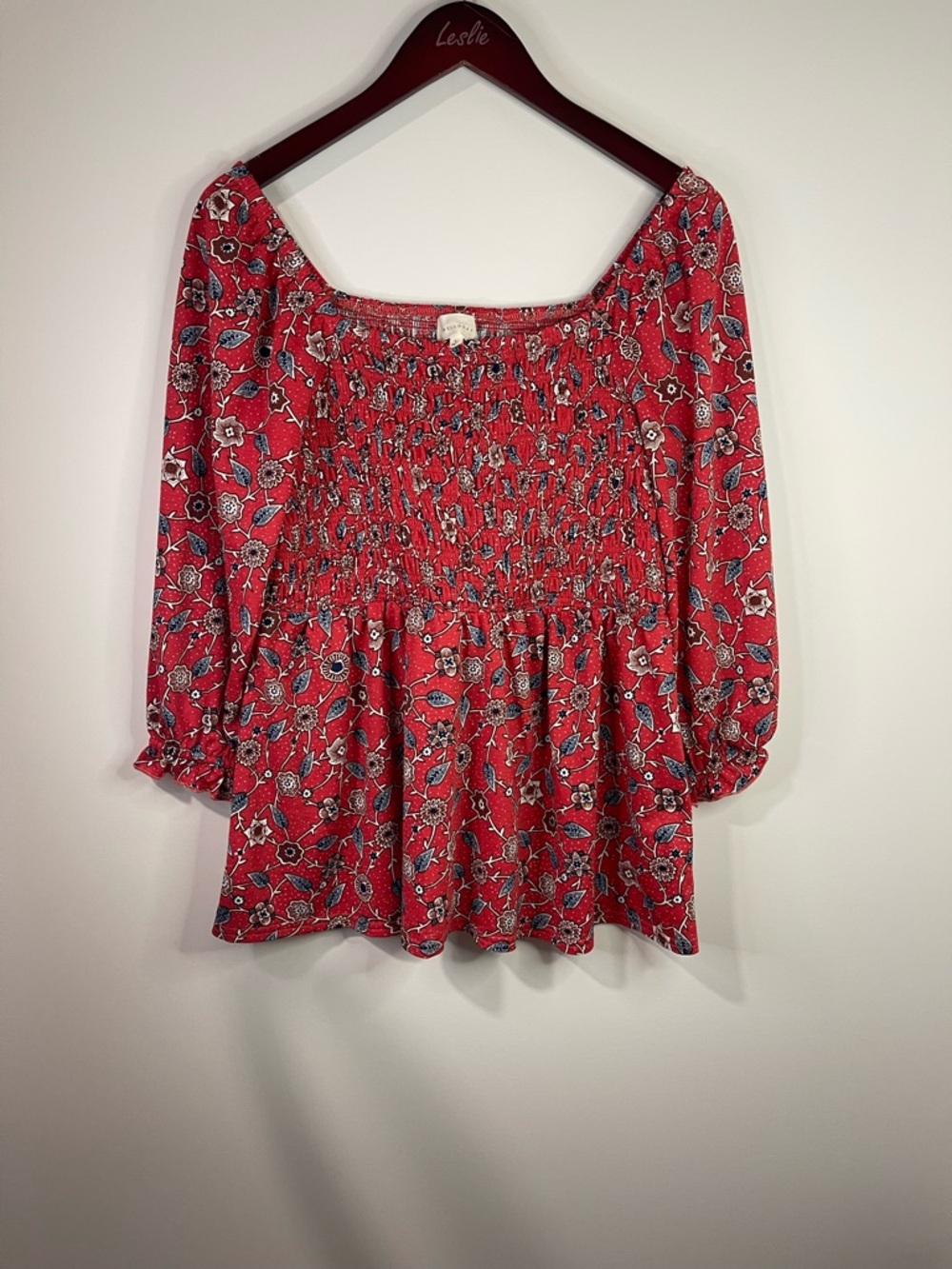 MELLODAY Red Floral Smocked Peasant Blouse